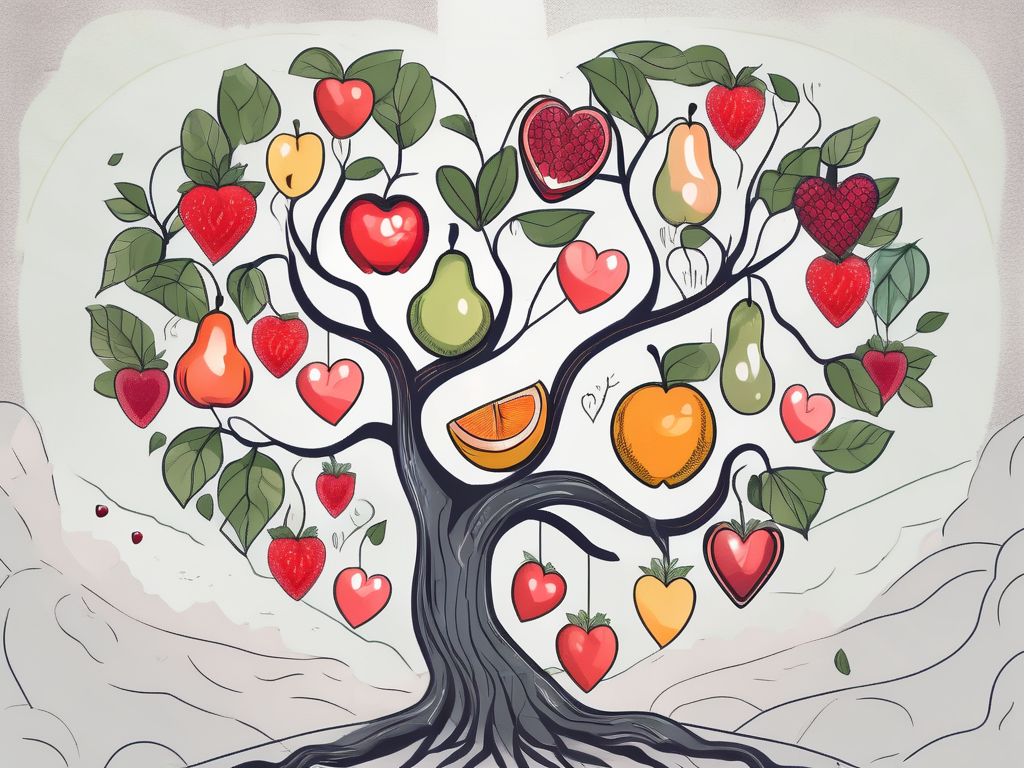 A heart-shaped tree with 13 different types of fruits hanging from its branches