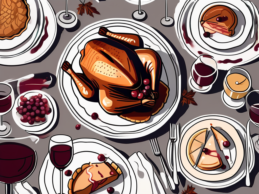 A chaotic thanksgiving dinner table with an overcooked turkey