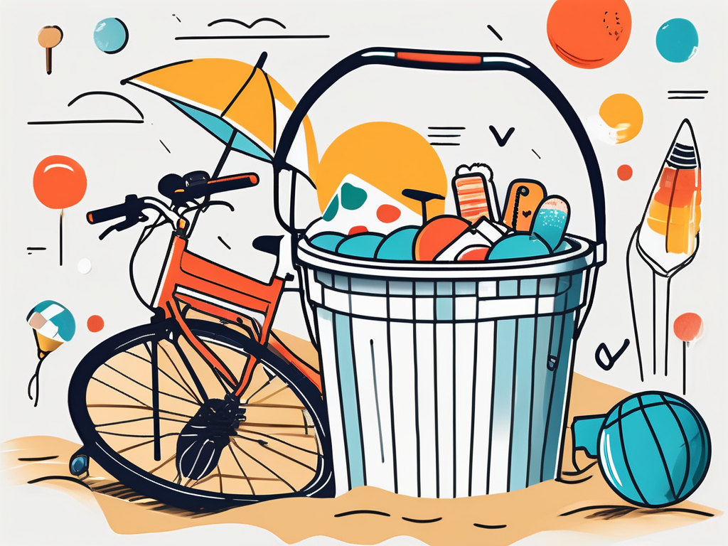 A colorful bucket filled with symbols of summer activities such as a beach ball